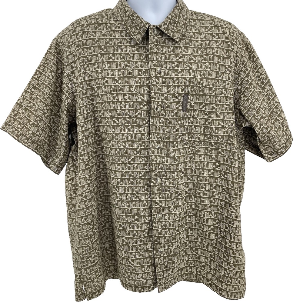 Columbia Shirt Mens L Short Sleeve Button-Up‎ Brown Surfboard Tropical Print